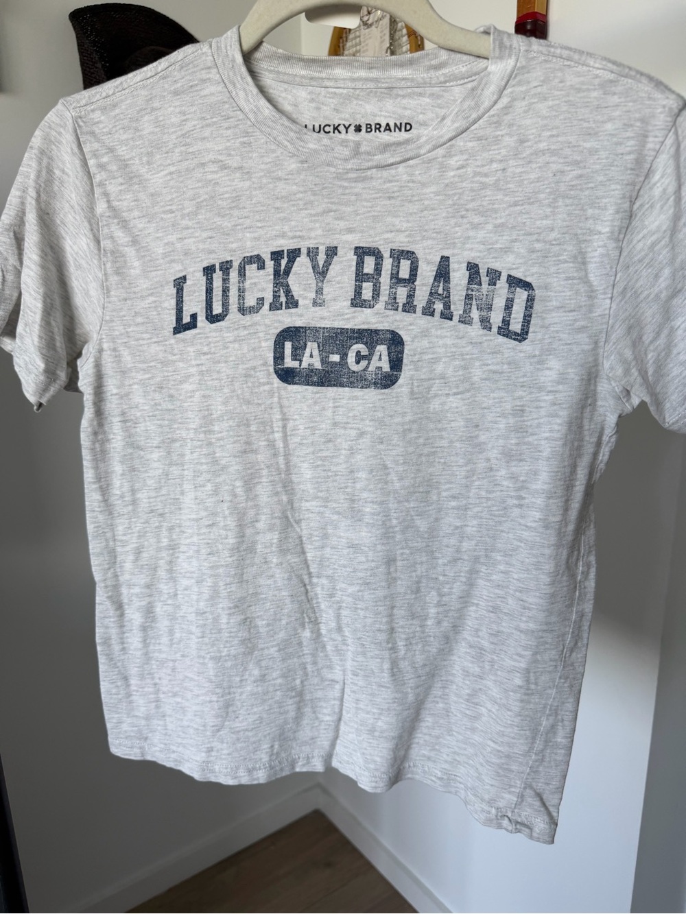 Lucky Brand Light Heather Gray Short Sleeve Logo Tee with Navy Print
